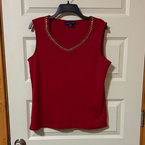 Karen Scott Red Sleeveless V-Neck Tank with Gold Bead & Sequin Trim